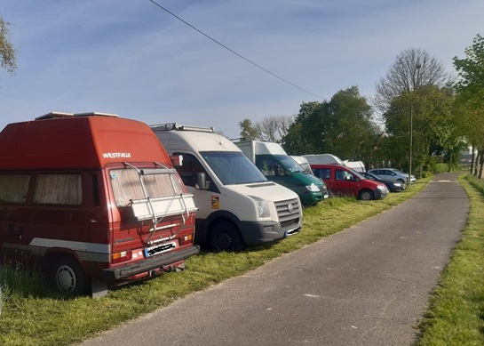 viele WoMos in einer Reihe bei einem gemeinsamen Treffen mit Freunden