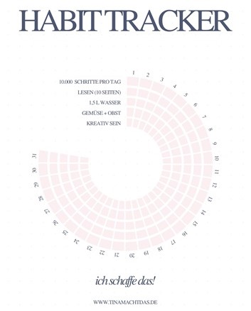 Das Bild zeigt einen kreisförmige Anordnung, die mit den 31 Tagen des Monats durchnumeriert ist. Unterbrochen ist der Kreis mit möglichen Routinen, die getrackt werden sollen. Hier: Schritte pro Tag, Lese-Routine, Wasser trinken, gesunde Ernährung, kreativ sein. Unterschrieben ist der Habit-Trackt mir den Worten "Ich schaffe das!"